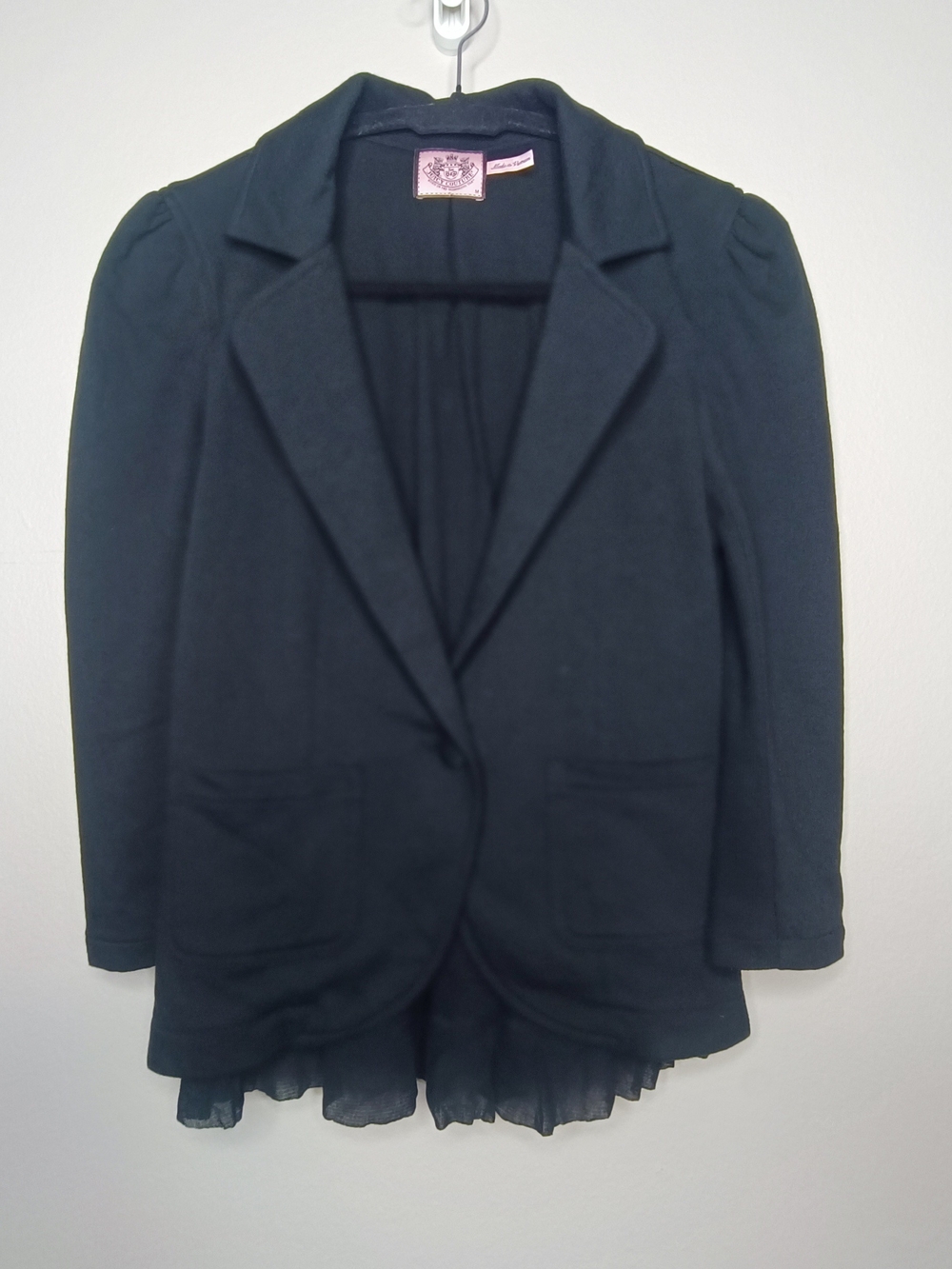 Juicy Couture Black Puff Sleeve Knit Ruffle Hem Jacket M Y2K Cropped Bodycon